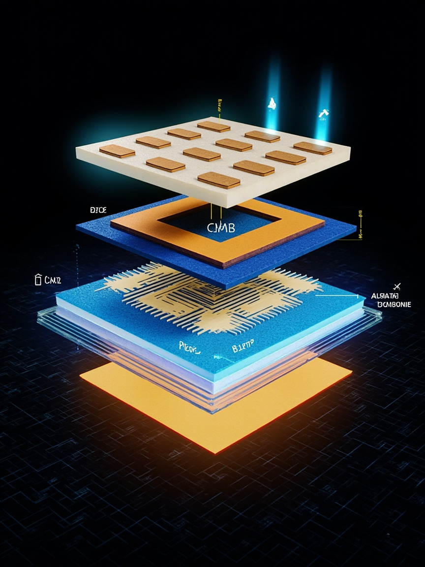 PIC/EIC Chiplet Stack: EIC CMOS chip on top, PIC silicon photonics in middle, diamond heat spreader above, copper micro-bumps connecting chips