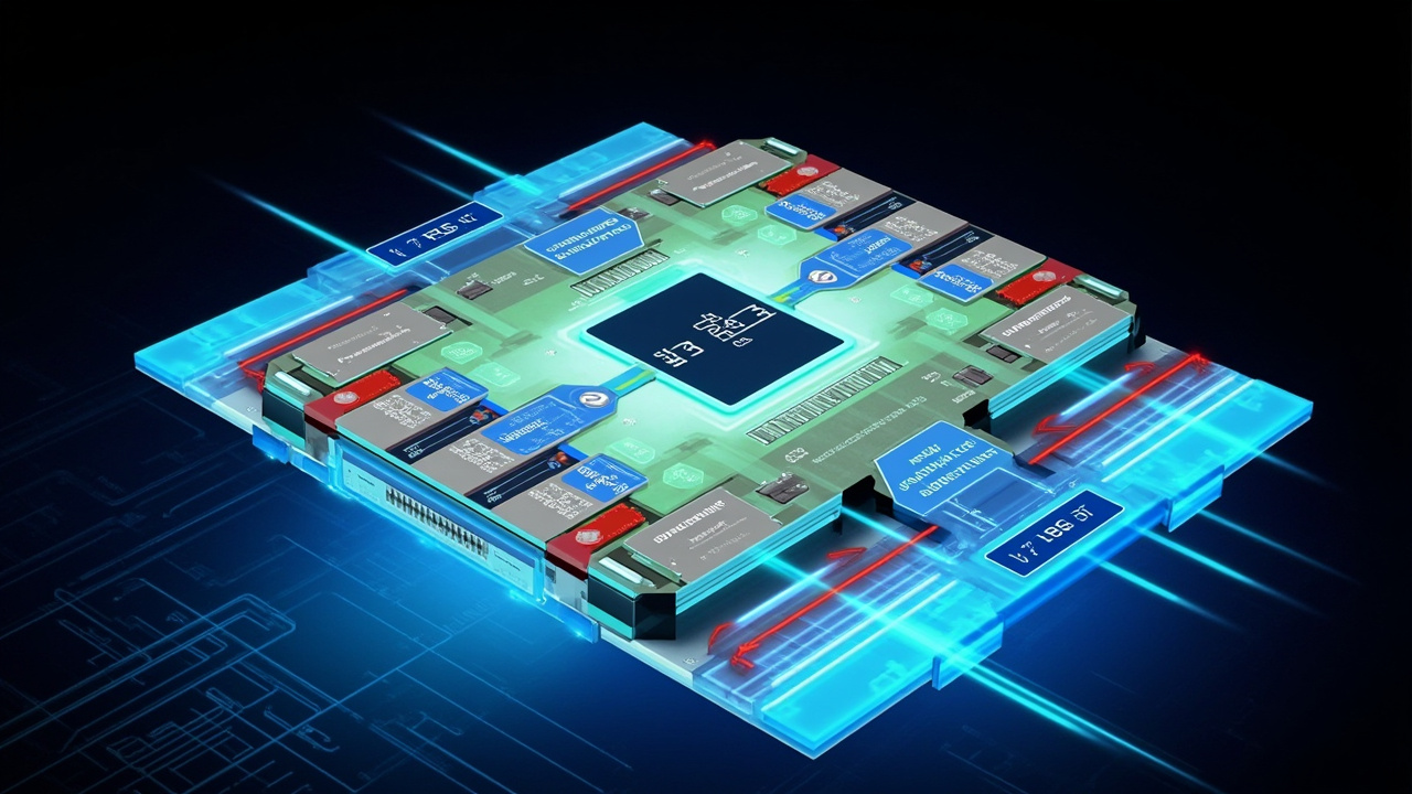 CPO Architecture: Switch ASIC with optical engine chiplets around perimeter, diamond heat spreader on top, fiber arrays entering from sides