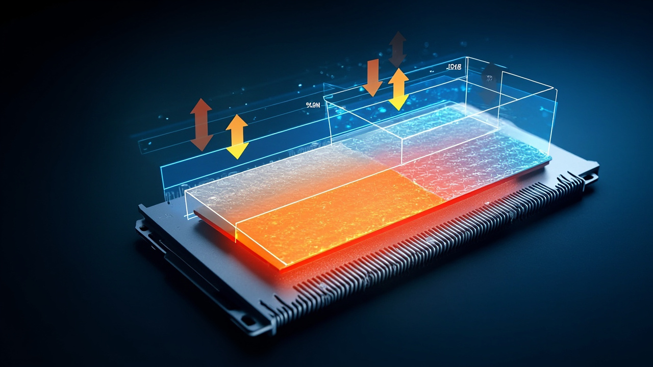 Thermal Flow in CPO: Heat from hot components (ASIC, PIC, EIC) flowing through diamond thermal interface into heat spreader with temperature gradient